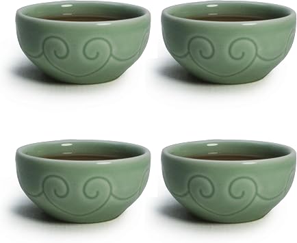 Liang baobao Small Porcelain Cup 2.6oz, Chinese Sample Tea Cup Gongfu Tea Set of 4, Mini Teacup Celadon Glazed Carved Heart Pattern