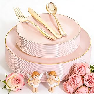 YOUBET 125PCS Pink Plastic Plates - Pink Disposable Plates With Gold Rim - Pinks and Gold Plates Include 25 Dinner Plates, 25 Dessert Plate, 75 Cutlery for Party Wedding Birthday Valentines Day