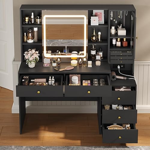 Miniatura 2 de Makeup Vanity Desk with Mirror & Lights, Power Outlets, Modern Vanity Table with Drawers & Shelves, Dressing Table, for Bedroom, Black