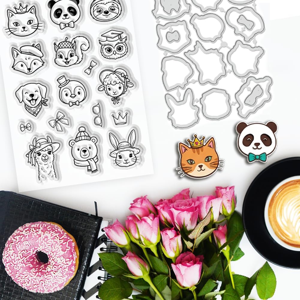 12 Types Cartoon Animal Avatar Clear Silicone Stamps and Metal Frame Die Cuts Supplies for Card Making, Funny Stamps Stencils for Crafts Reusable DIY Scrapbooking Birthdays Greeting Card image 5