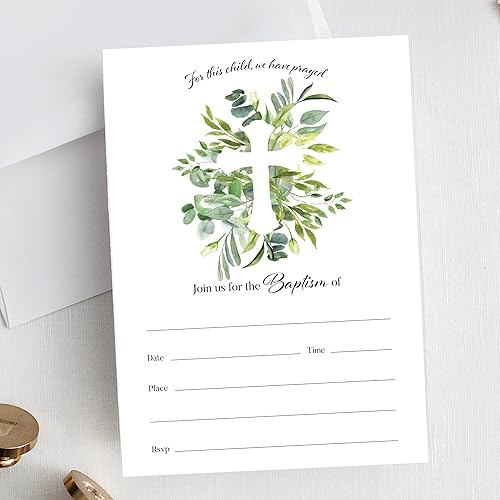 Moonrise Papery Juego de 25 invitaciones de bautismo con sobres, juego de 25 invitaciones verdes con sobres, invitaciones de bautizo con sobres