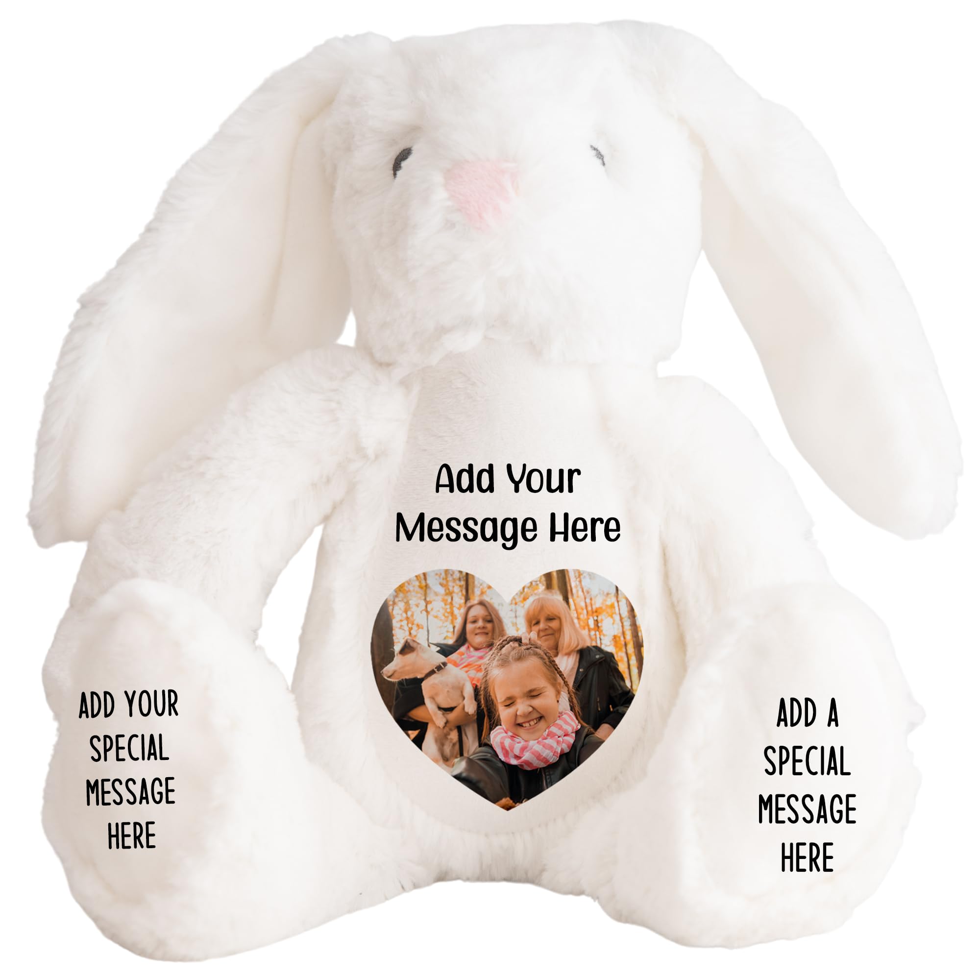 Personalised Photo Teddy Bear – Add Photo on Front & Text on Feet | 28 Styles | Custom Keepsake Gift for Baby, Sympathy, Birthday & More (White Bunny Teddy Bear)