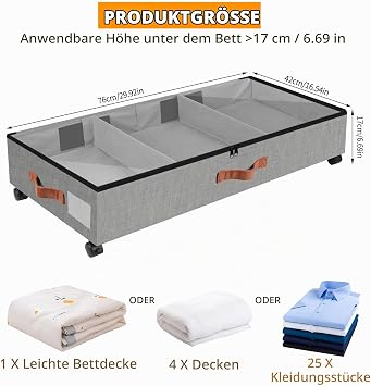 Underbed Storage Box with Wheels Pack of 2 Underbed Storage Box with Clear Lid Zip Adjustable Divider Shoe Storage Underbed Box for Shoes Clothes Toys Grey