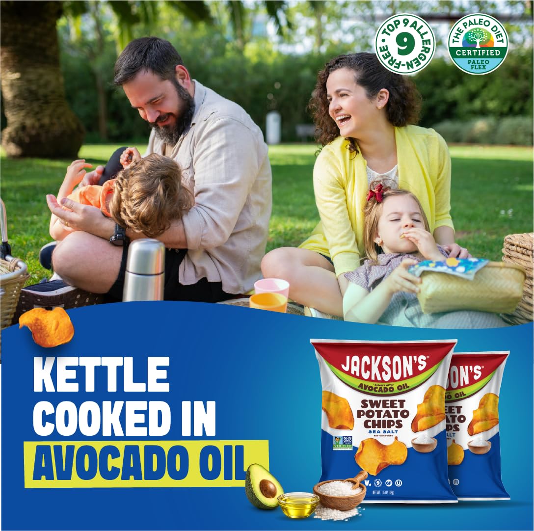 Jackson’s Sweet Potato Kettle Chips with Sea Salt made with Premium Avocado Oil (1.5 Ounce, Pack of 28) - Allergen-friendly, Gluten Free, Peanut Free, Vegan, Paleo Friendly - Shark Tank Product