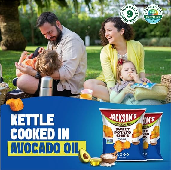 Jacksons Sweet Potato Kettle Chips with Sea Salt made with Avocado Oil (1.5 Ounce, Pack of 28) - Allergen-friendly, Gluten Free, Peanut Free, Vegan, Paleo Friendly - Shark Tank Product