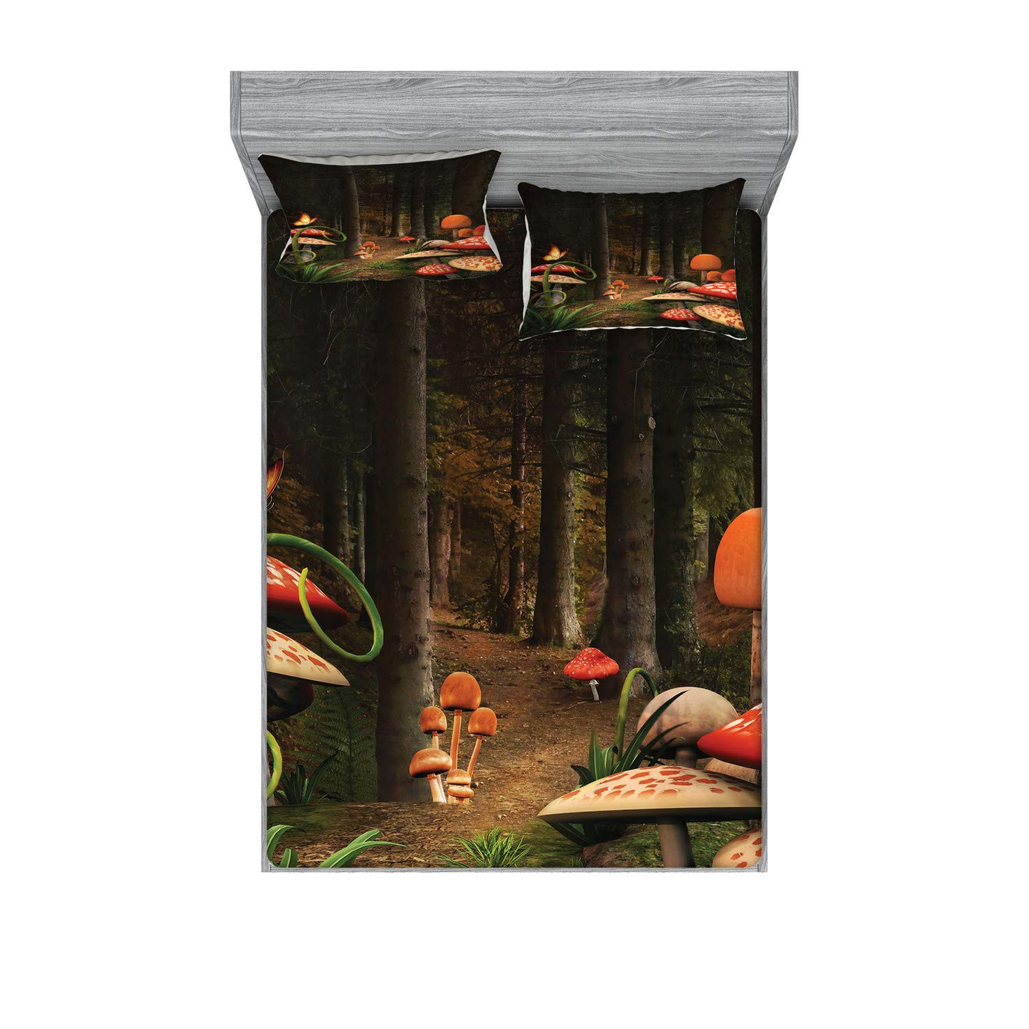 Ambesonne Mushroom Fitted Sheet & Pillow Sham Set, Mushrooms in Deep Dark Forest Fantasy Nature Theme Earth Path, Decorative Printed 3 Piece Bedding Decor Set, King, Pomegranate Green