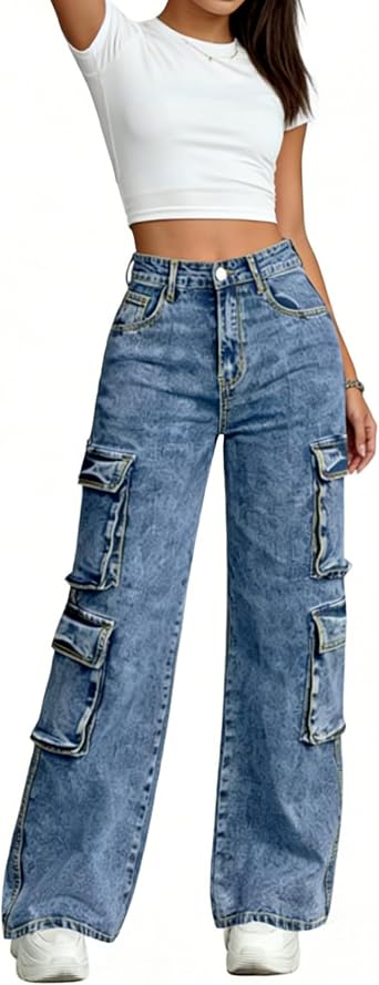 Womens Plus Size Cargo Jeans High Waisted Stretchy Straight Leg Jean