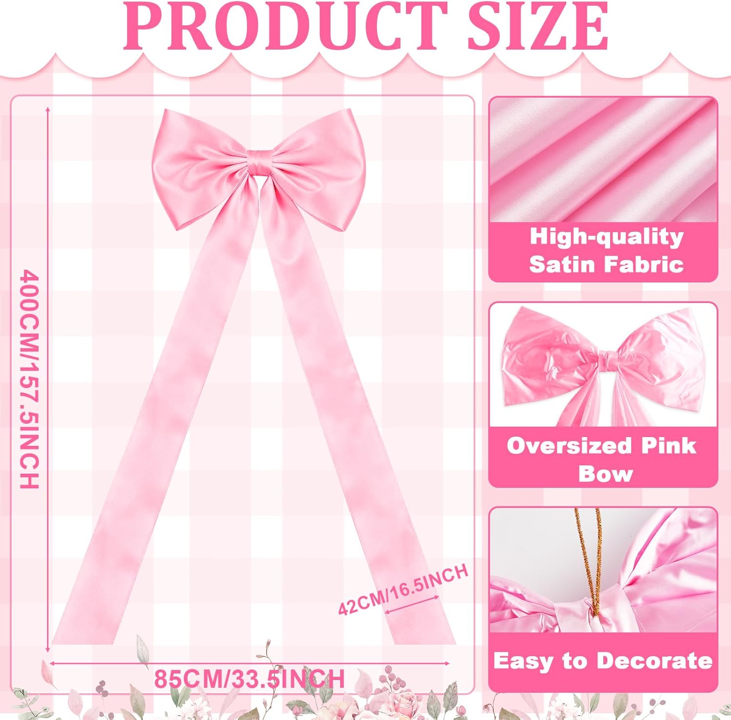 Giant Satin Bow with Long Streamer 157x33 Inch Large Christmas Tree Topper Bows Extra Large Wedding Bow Decor for Arch Wall Holiday Bachelorette Birthday Party Bridal Shower Door Decoration(Pink)
