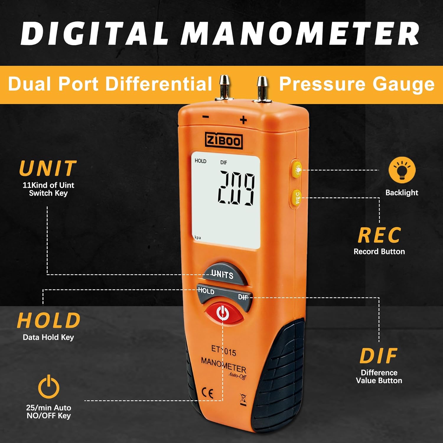 Detailed view of the ZIBOO ET1015 Digital Manometer with labeled parts and functions