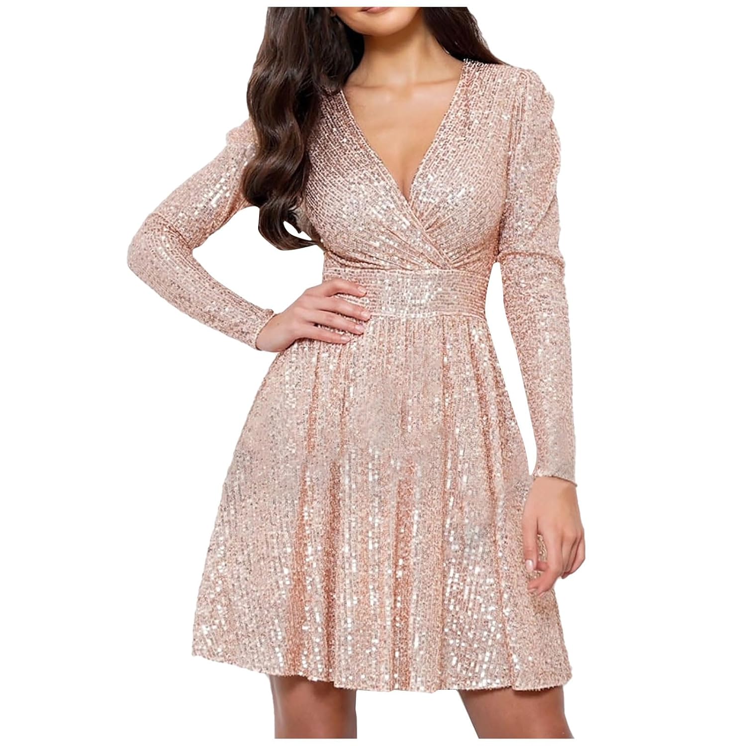 Womens Glitter Dress Wrap V Neck Long Sleeve Swing Club Cocktail Party Dresses Sequin Sparkle Christmas Dress