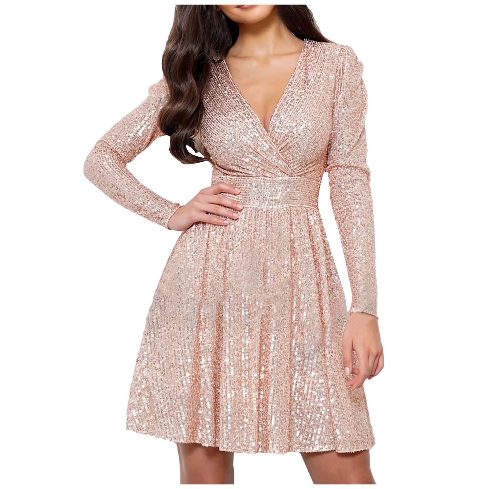 Womens Glitter Dress Wrap V Neck Long Sleeve Swing Club Cocktail Party Dresses Sequin Sparkle Christmas Dress