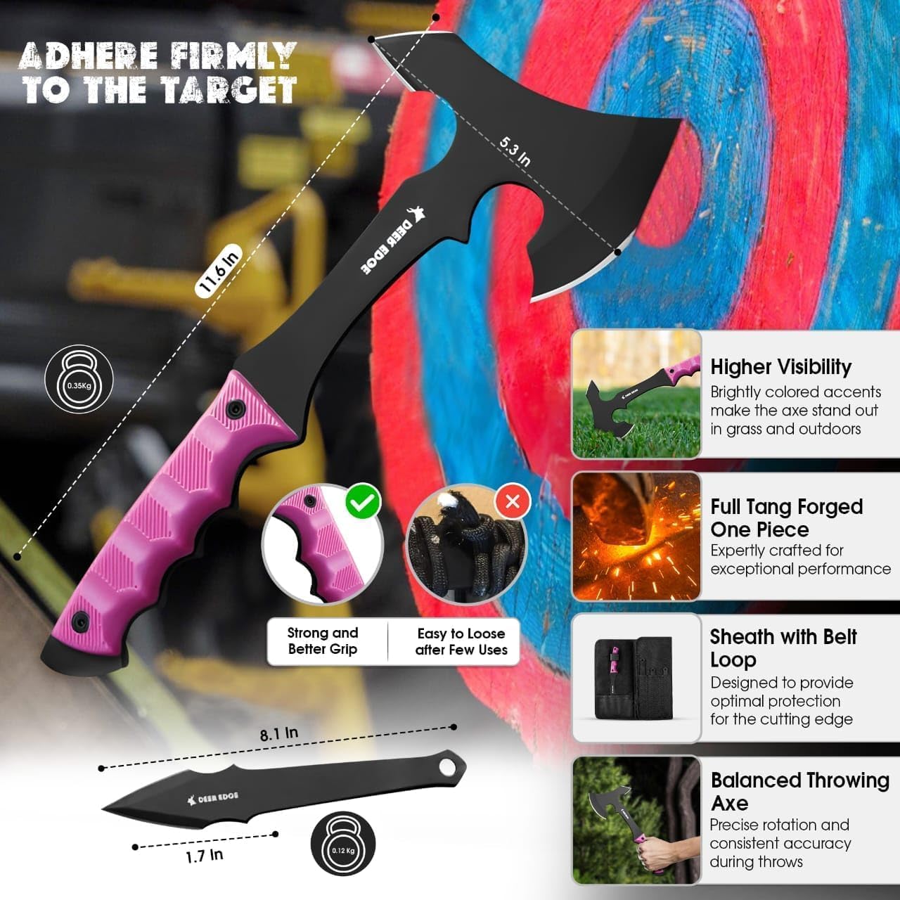 11.5" Throwing Axe Set – Professional Throwing Axe Pack of 6 - Chopping Hatchet with Pink Rubber Handle & Nylon Sheath – Small Outdoor Camp Hatchet for Axe Throwing Game