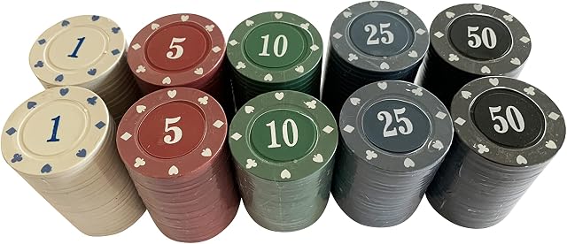 200 x NUMBERED POKER ROULETTE CASINO CHIPS - SUITED DESIGNS 40 x 5 COLOURS