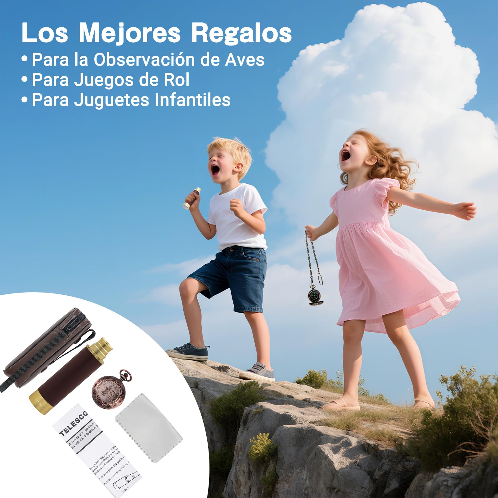 Retro Piratas Telescopio Zoom, 25 x 30, Binoculares Portátil, Plegable, Telescopio de Mano Vintage Monocular para Niños y Colección Clásica, Brújula para Camping Caza Navegación