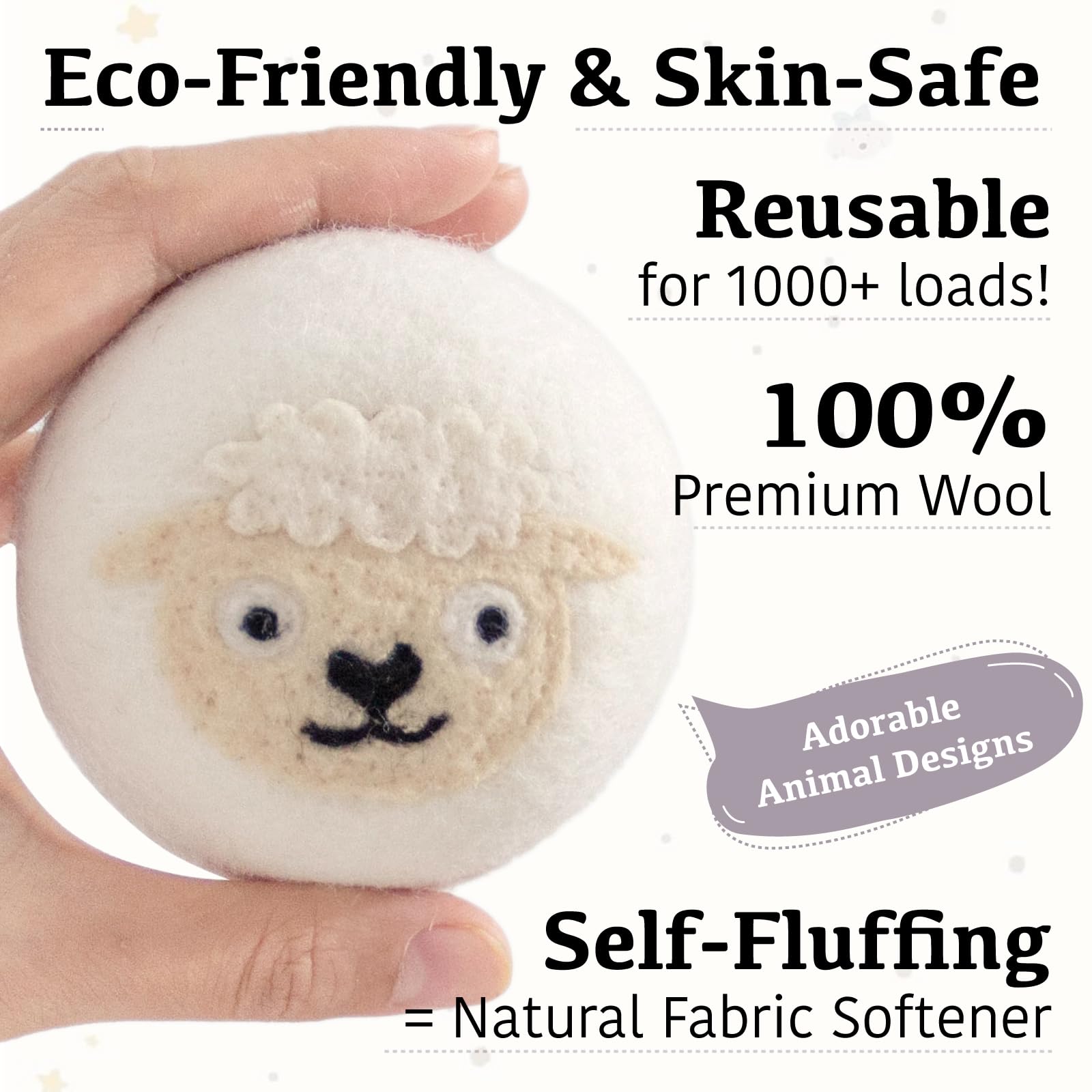 6 sztuk wełnianych kulek do suszenia, 100% naturalna wełna, kulki do suszarki, skraca czas suszenia, uroczy wzór dla zwierząt, zmiękcza pranie, biały