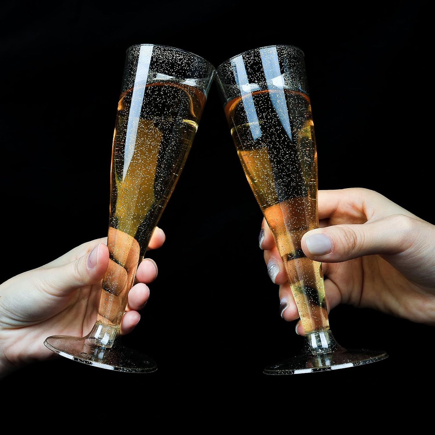 200 Pack Champagne Flutes Plastic, 4.5 oz Gold Glitter Plastic Disposable Stemware, Disposable Champagne Flutes for Party, Mimosa Bar, Wedding, Anniversary and Graduation