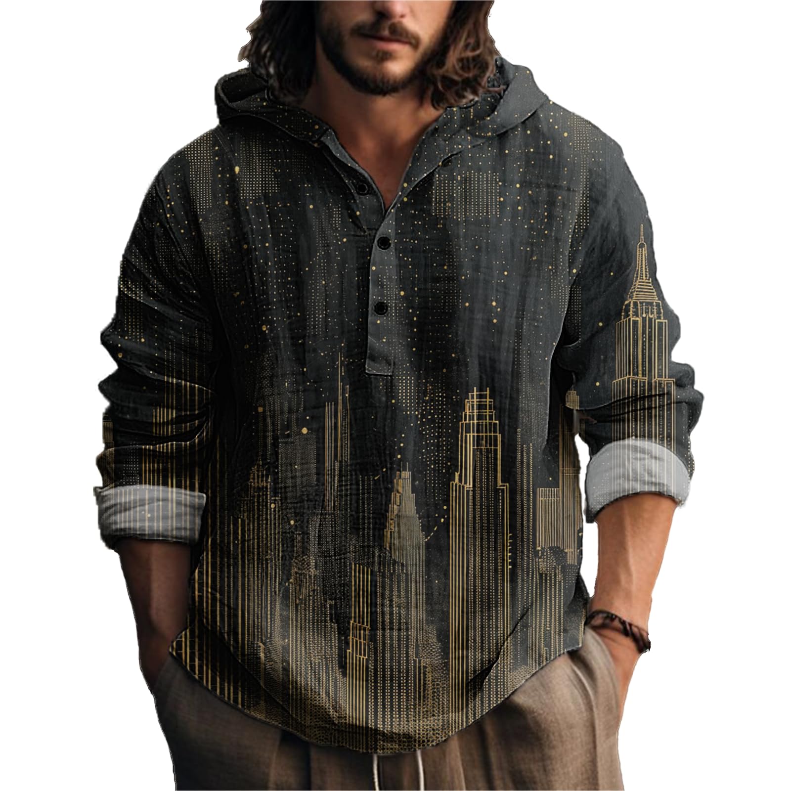 MARSVOVO Novelty Hippie Light Weight Hoodie for Men Long Sleeve Hooded Shirt Casual Quarter Button Tops for Spring