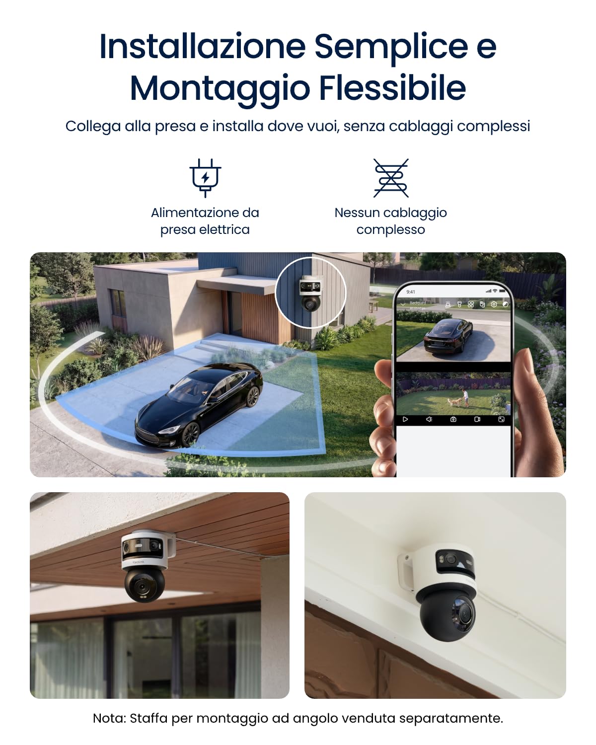 Reolink OMVI 3i WiFi, Telecamera Wi-Fi Esterno 10MP+8MP, Tripla Lente | Pan-Tilt a Visione di 360°, SyncTrack e Auto Tracking, Wi-Fi 6 Dual Band, AI Video Search Locale, Senza Canone Mensile