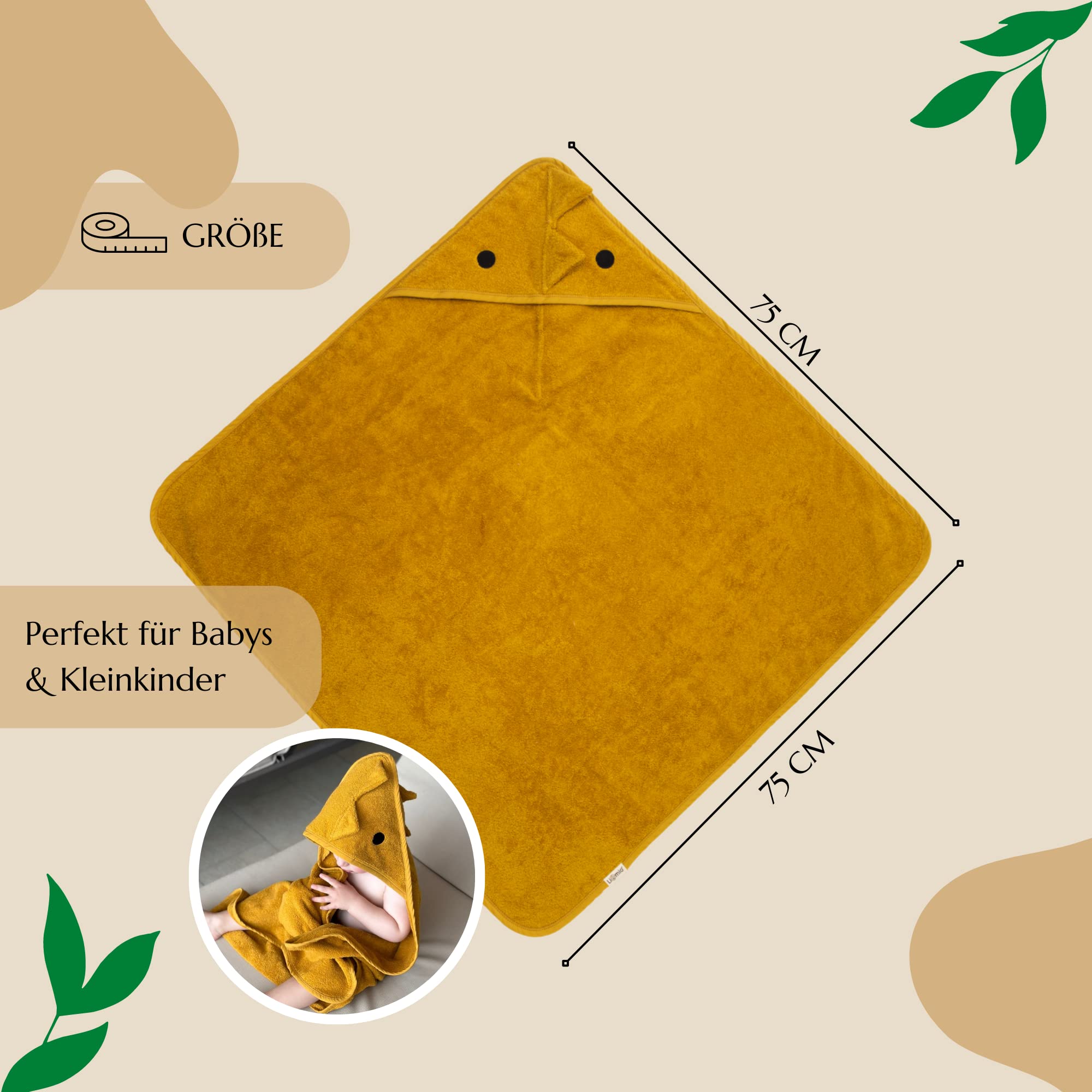 Serviette à capuche pour bébé - Serviette pour bébé avec capuche - 100 % coton - Certifié Oeko-TEX 100 - Douce et douillette - Cadeau pour bébé (75 x 75 cm, dinosaure - Moutarde)