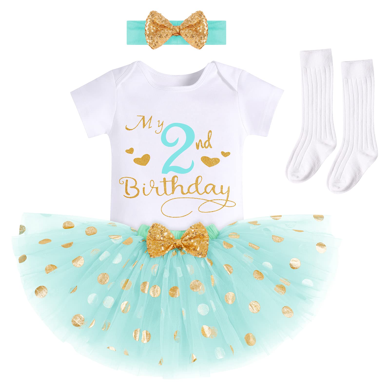 IBTOM CASTLE Bebé Niñas 1/2/1er/2do/3er Cumpleaños Trajes Mameluco+Falda Tutú de Tul de Lunares+Calcetines+Diadema 4 Piezas Formal Princesa Pastel Smash Fiesta Vestido de Bautismo