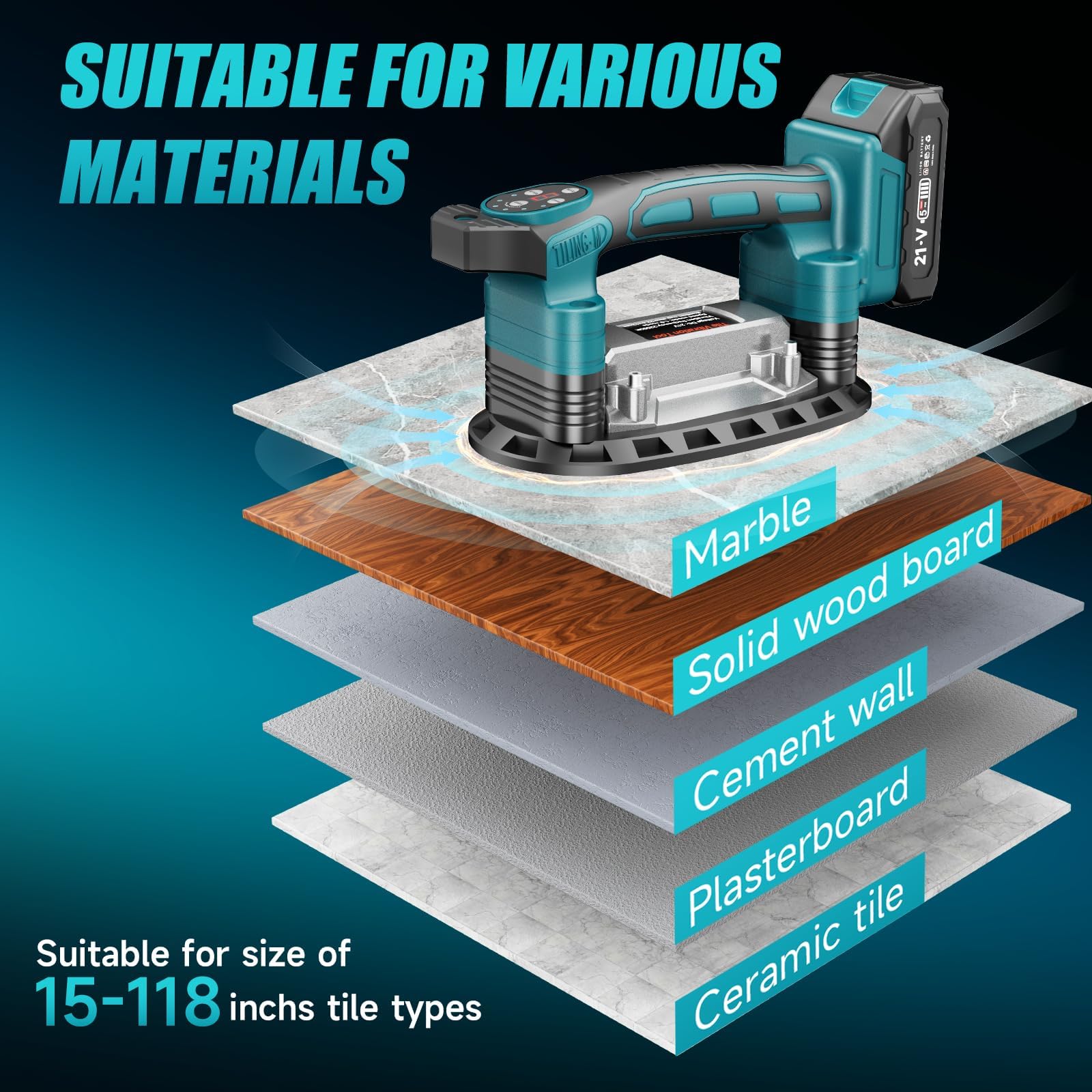 2 in 1, vibratore per piastrelle e ventose Compatibile con batteria Makita, con batteria da 2 x 1,5 Ah, vibratore per piastrelle, 24000 giri/min, 9 marce, potenza di aspirazione 400 kg per piastrelle