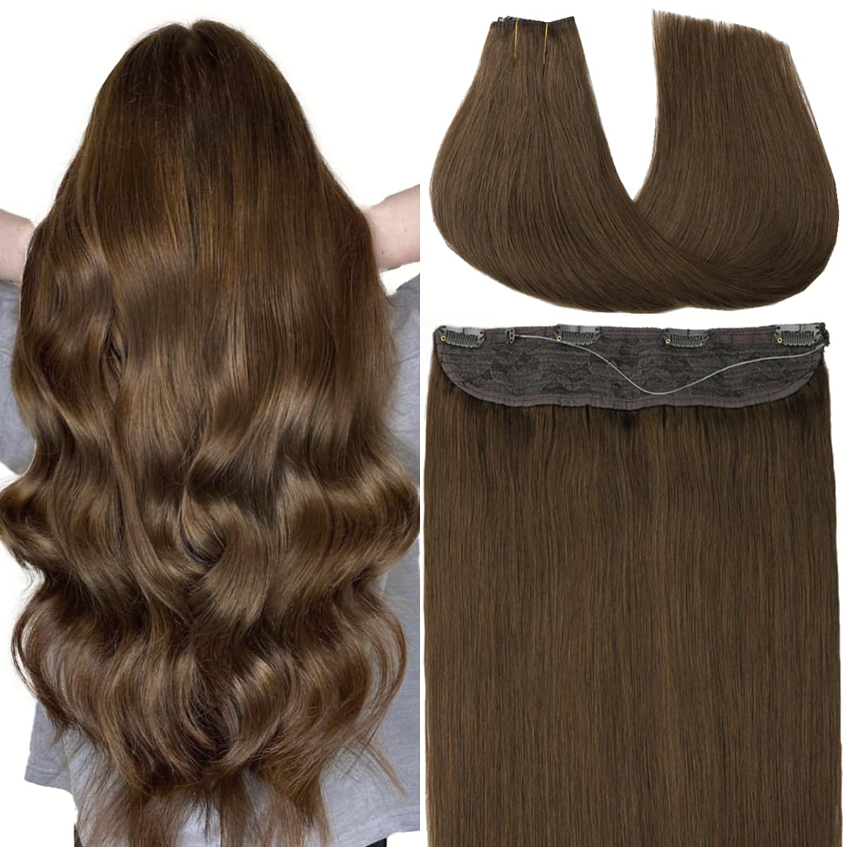 VINBAO Wire Hair Extensions Medium Brown Invisible Wire Hair Extensions Real Human Hair With 4 Clips Hidden Transparent Line One Piece 18in 85g (wire