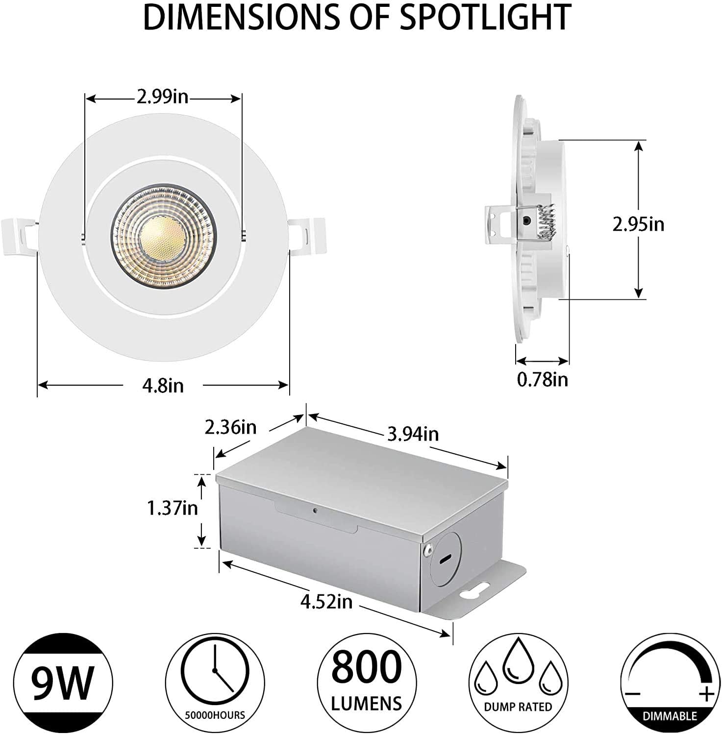 (4 Pack)4 inch led Slim Gimbal Eyeball Downlight-Directional Adjustable, 9W Dimmable LED Retrofit Recessed Lighting Fixture with Junction Box,800lm,3000K,4000K,5000K Color Selectable,120V, ETL ES