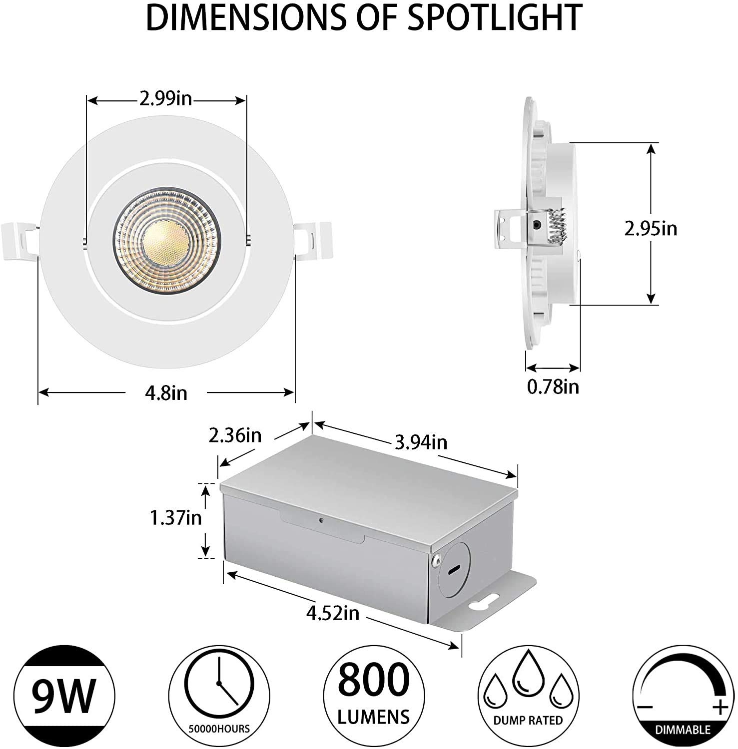 (4 Pack) 4 inch led Slim Gimbal Eyeball Downlight-Directional Adjustable, 9W Dimmable LED Retrofit Recessed Lighting Fixture with Junction Box,1000lm,3000K,4000K,5000K Color Selectable,120V, ETL ES