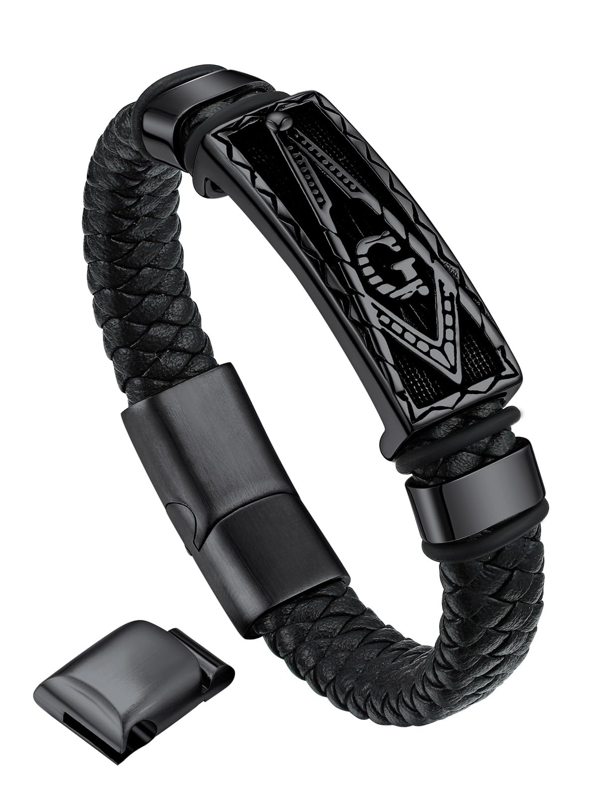 Bandmax Lederarmband Herren Mjölnir/Totenkopf/Freimaurerei Personalisiert Armbänder Männer Manschette Armband mit Magnetverschluss Wickelarmband Wikinger Armschmuck für Vater Ehemann