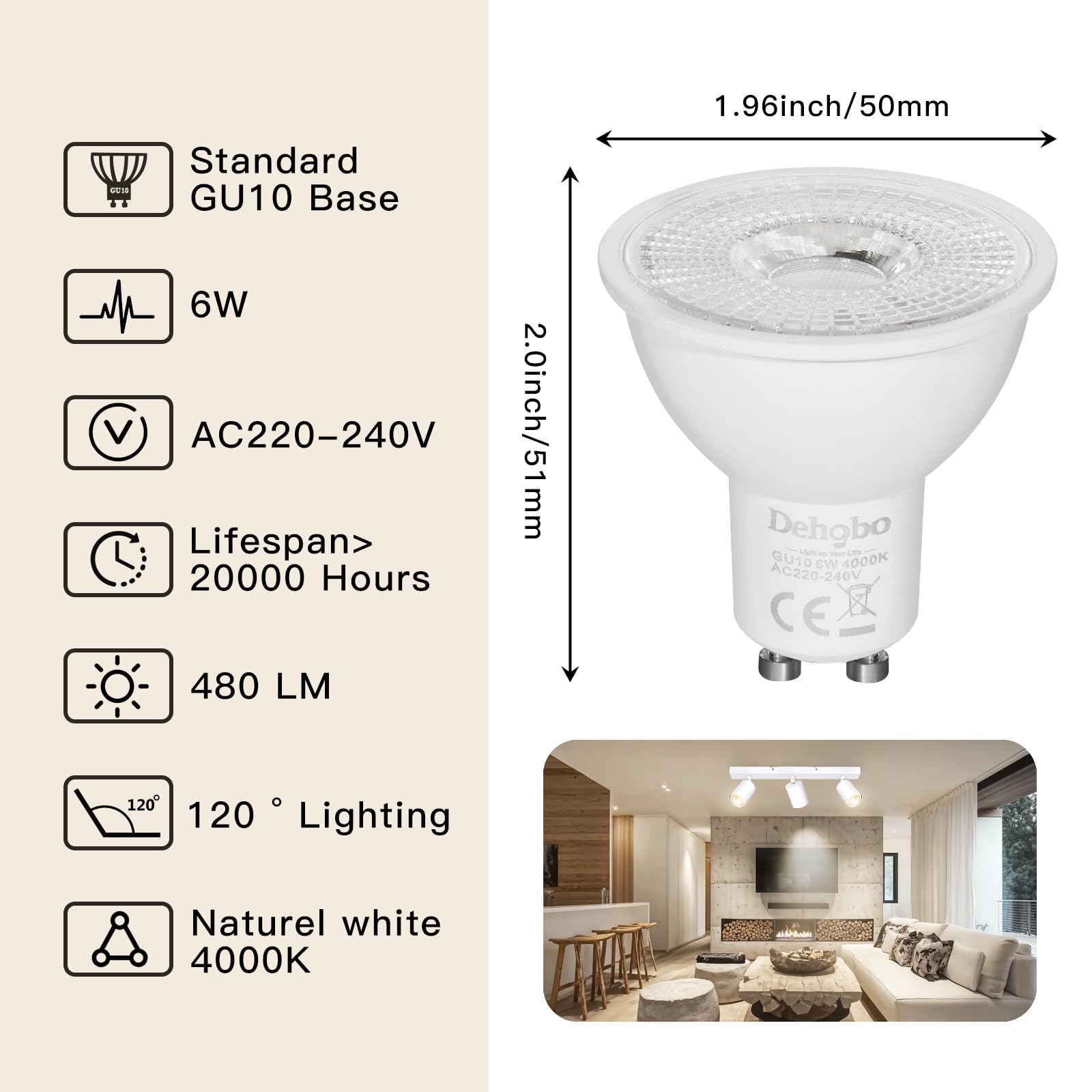 Dehobo GU10 LED Bulbs Neutral White, 6W 4000K Spotlight Light Bulb, (60W Equivalent) Energy Saving, CRI>80, 480LM - Image 3
