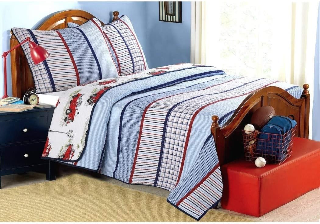 Up To 40% OFF I/M 2 Piece Red Blue Plaid Kids Twin Quilt Set, Cabin Lodge Stripe Theme Bedding, Checkered Squares Check Lumberjack Rugby Stripes Pattern Tartan Madras Patchwork Reversible Firetrucks Casual, Cotton