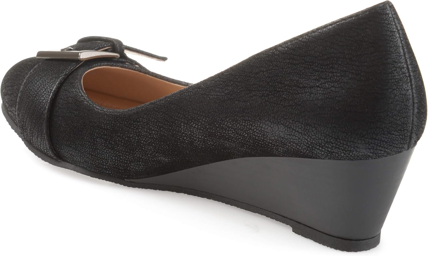 Brinley Co. Womens Gael Faux Suede Buckle Detail Comfort-Sole Wedges Black, 12 Regular US