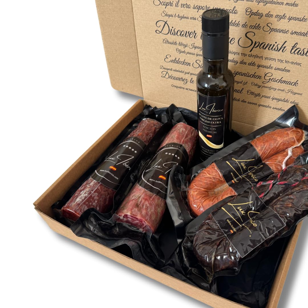 Caja Regalo Gourmet "Regina" - Embutido Ibérico, Morcilla y Aceite | Chorizo y salchichón ibérico de 500g, morcilla patatera, achorizada picante y aceite de oliva virgen extra.