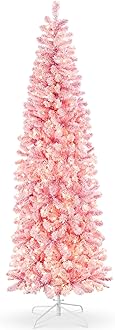 Best Choice Products Flocked Pink Pencil Christmas Tree, Pre-Lit Slim Artificial Holiday Decoration, 12ft Lighted Skinny w/Base, Warm White Lights