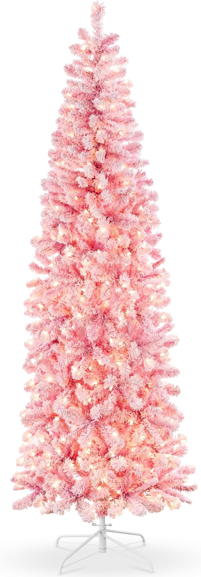 Best Choice Products Flocked Pink Pencil Christmas Tree, Pre-Lit Slim Artificial Holiday Decoration, 6ft Lighted Skinny w/Base, Warm White Lights