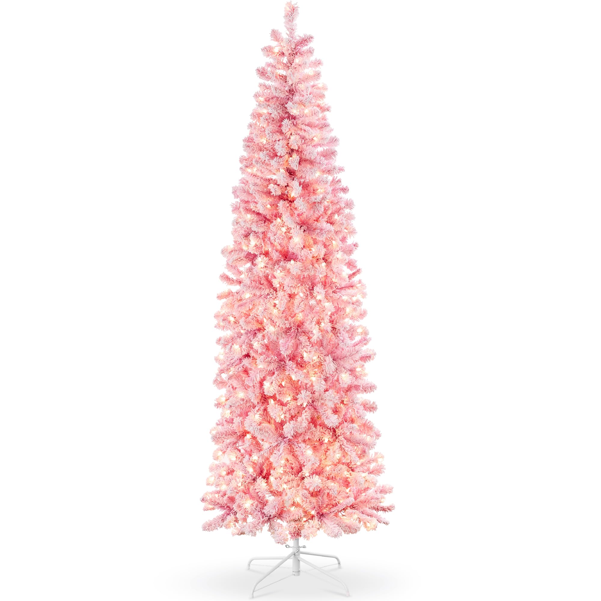 Best Choice Products Flocked Pink Pencil Christmas Tree, Pre-Lit Slim Artificial Holiday Decoration, 9ft Lighted Skinny w/Base, Warm White Lights