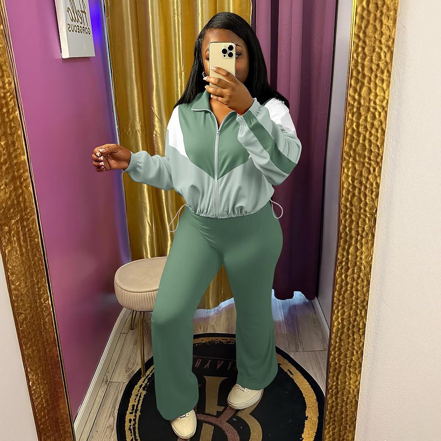 Ophestin Women 2 Piece Outfits Sweatsuits Color Block Long Sleeve Zip Up Cropped Jacket Jogger Pant Set Tracksuits - Image 3