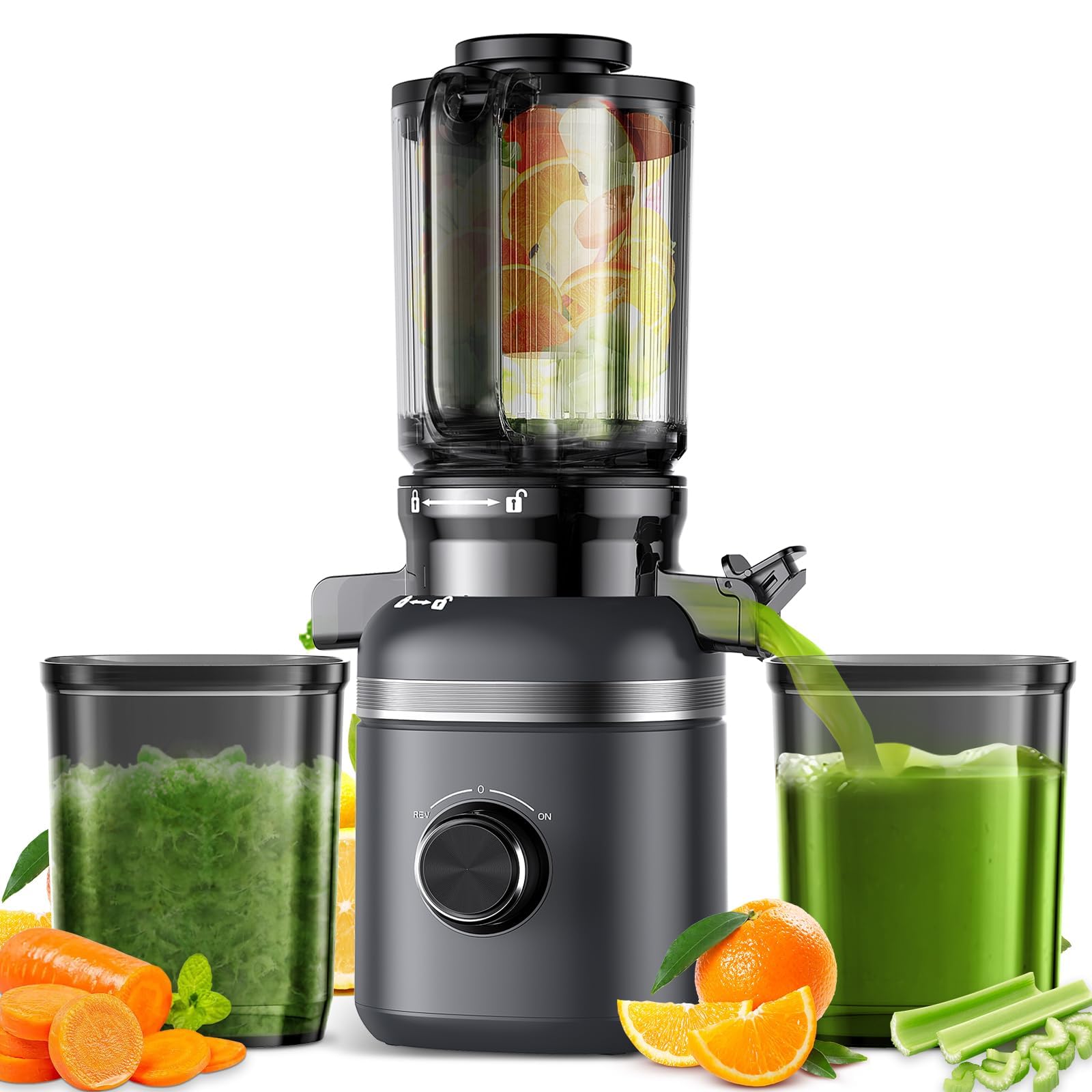 Cold Press Juicer with Built-in Blades for Slicing Whole Fruits & Vegetables, 4.35 inches Large Feeding Chute, Quiet & Easy to Clean, 99% High Juice Yield