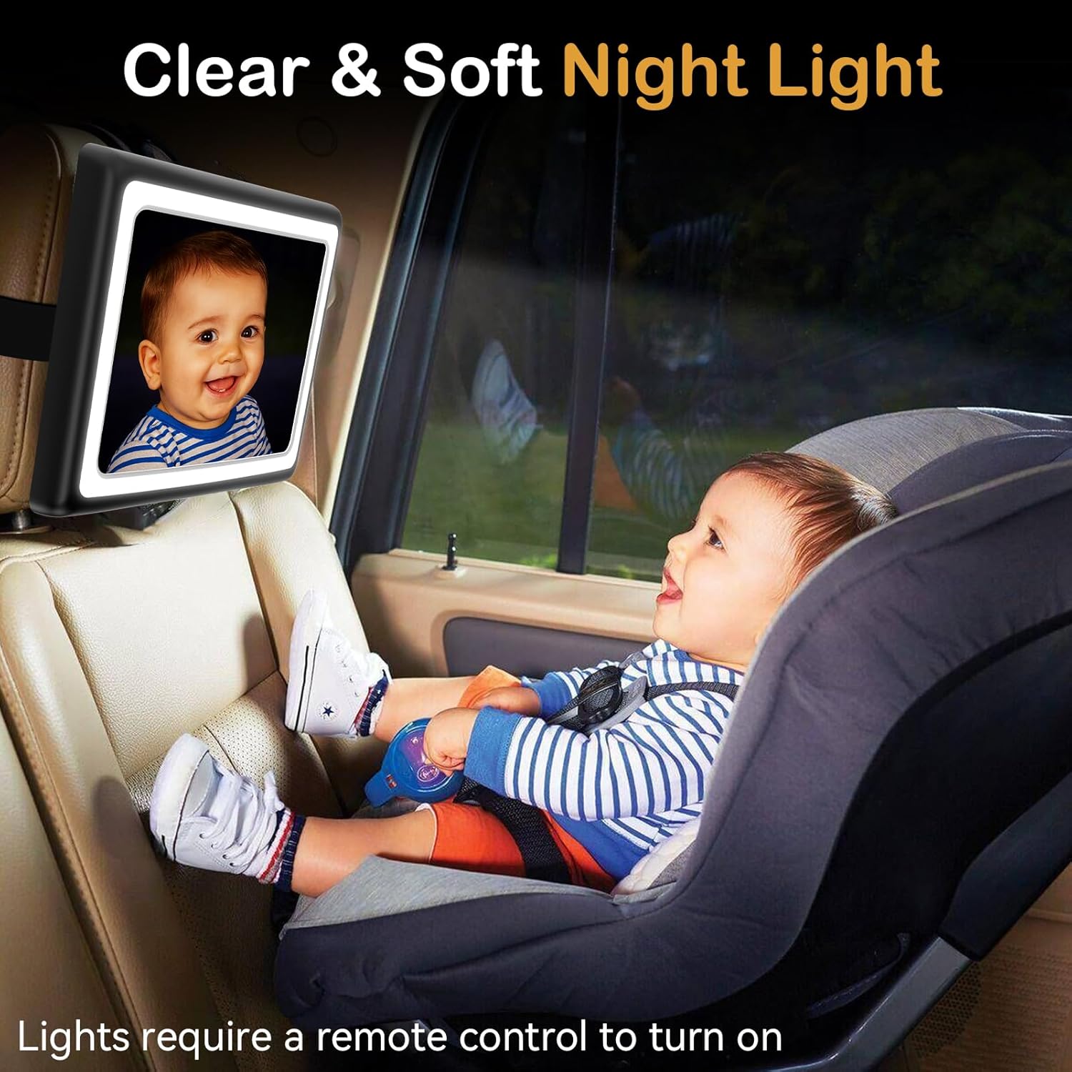 Baby Car Mirror with Light - Remote Control, 360° Adjustable, Shatter Resistant Car Seat Mirror - Clear Night Vision, Easy Installation for Rear Facing Infants (2 Pack)