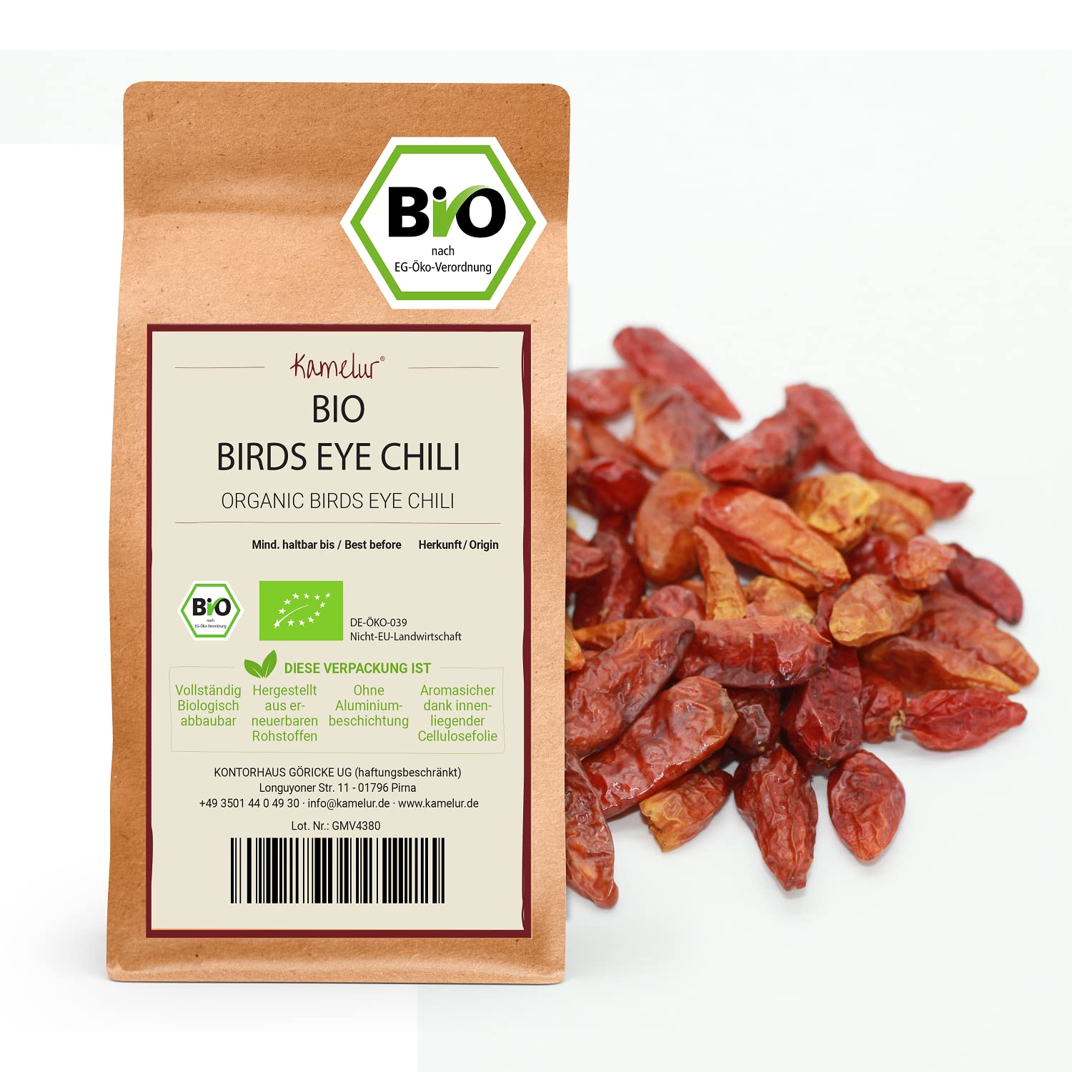 Kamelur gousses de piment bio 'Birds Eye' entières, doucement séchés, sans additifs, 120 000 Scoville, dans un emballage biodégradable 500 g (Lot de 1)