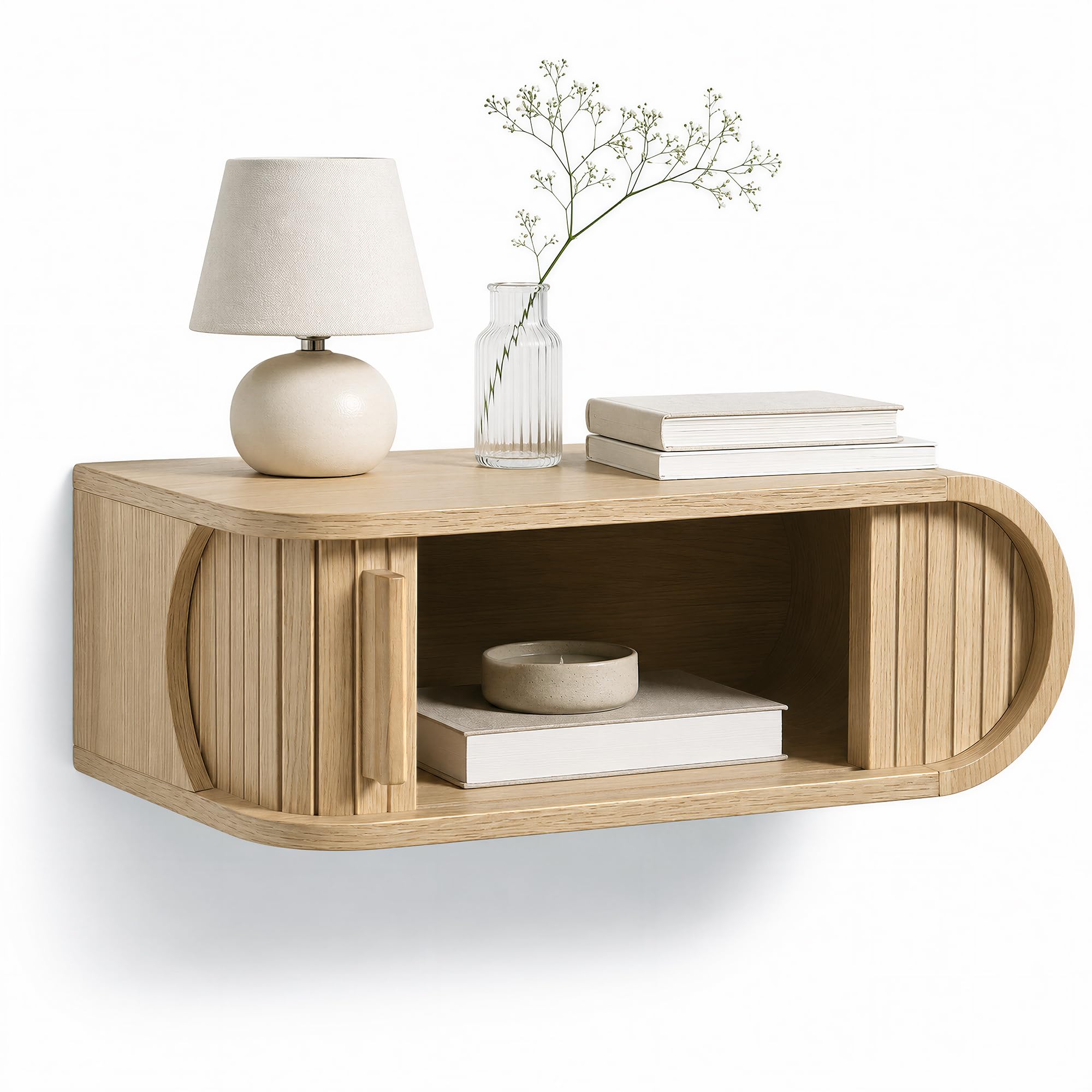 Afuly Comodino Sospeso Effetto Rovere Anta a Serrandina Forma D Sinistra | in legno, salvaspazio, vano nascosto, angoli arrotondati, 25 x 45 x 16 cm, portata fino a 20 kg, stile scandinavo naturale