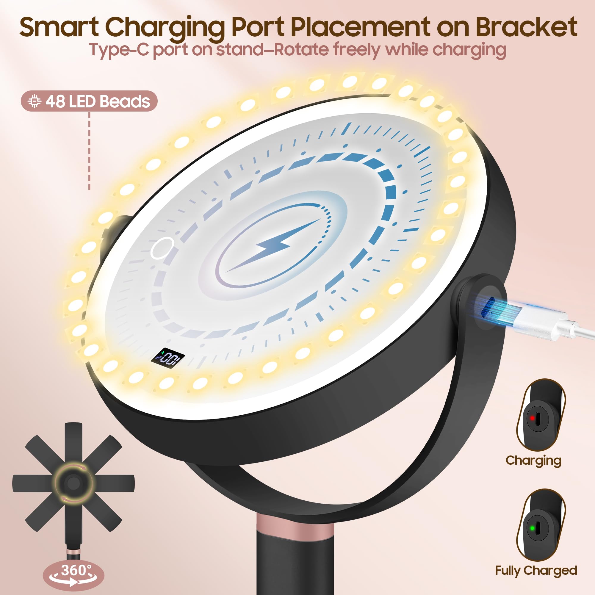 GOMIPURU Espejo de maquillaje iluminado con aumento de 30X/1X, espejo de aumento True HD con 3 luces regulables de color, altura ajustable, giro de 360°, doble cara, negro