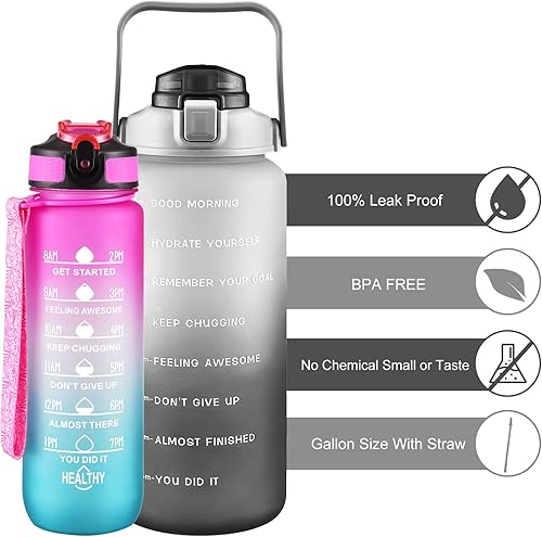 Miniatura 3 de Paquete de 2 botellas de agua de 64 onzas + 27 onzas, botella de agua deportiva con popote y marca de tiempo, botella de bebidas de gimnasio, jarra