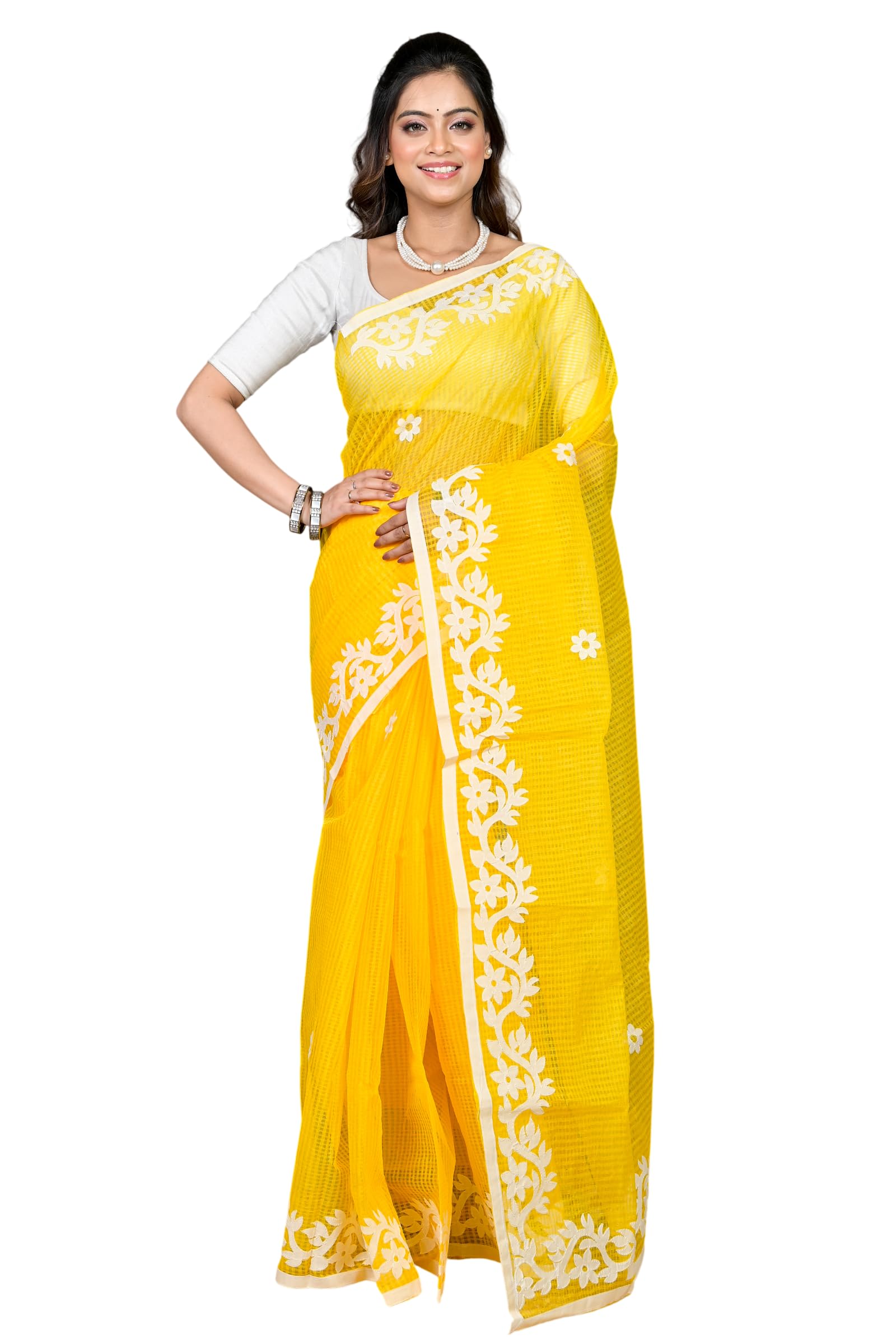 Traditional Bengal Artisan Crafted Kota Cotton Applique Saree-image-11
