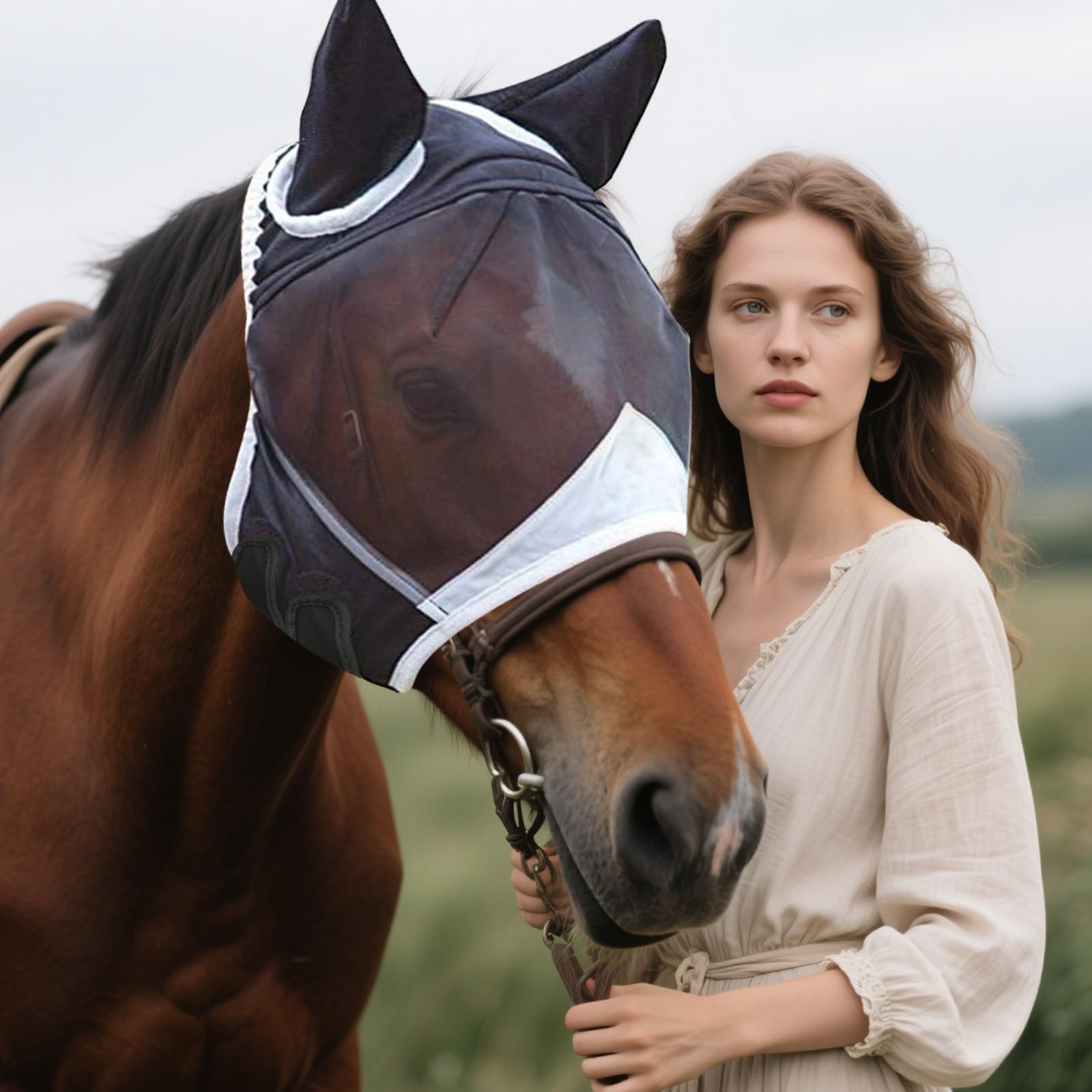 Máscara de mosca para caballo con protección UV, orejas de mosca, respirabilidad