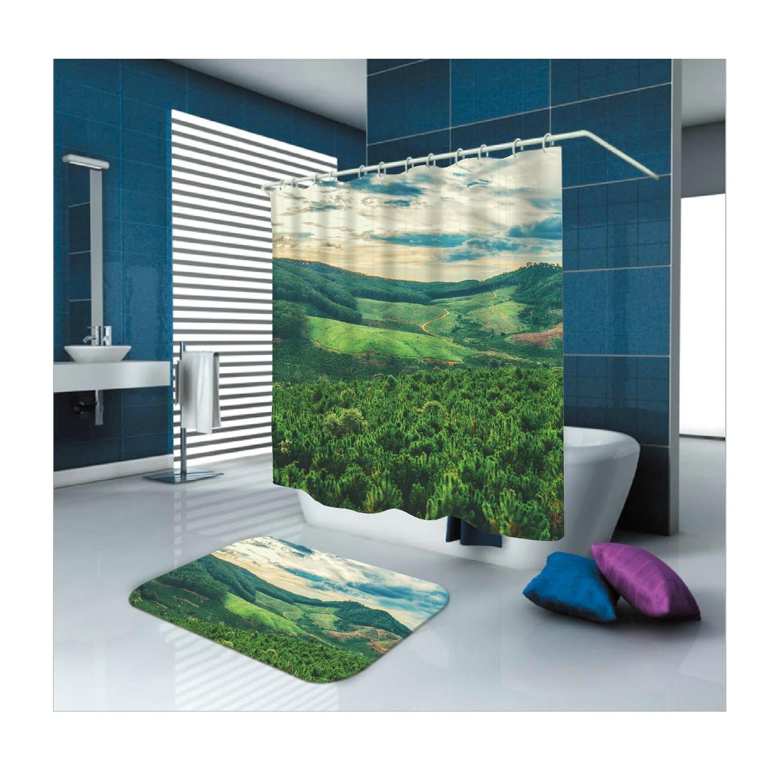 Cortina de ducha de 180 x 180 cm, textil verde, diseño de bosque, cortina de baño antimoho, poliéster, resistente al agua, lavable, para bañera, 1,8 x 1,8 m de largo (ancho x alto)