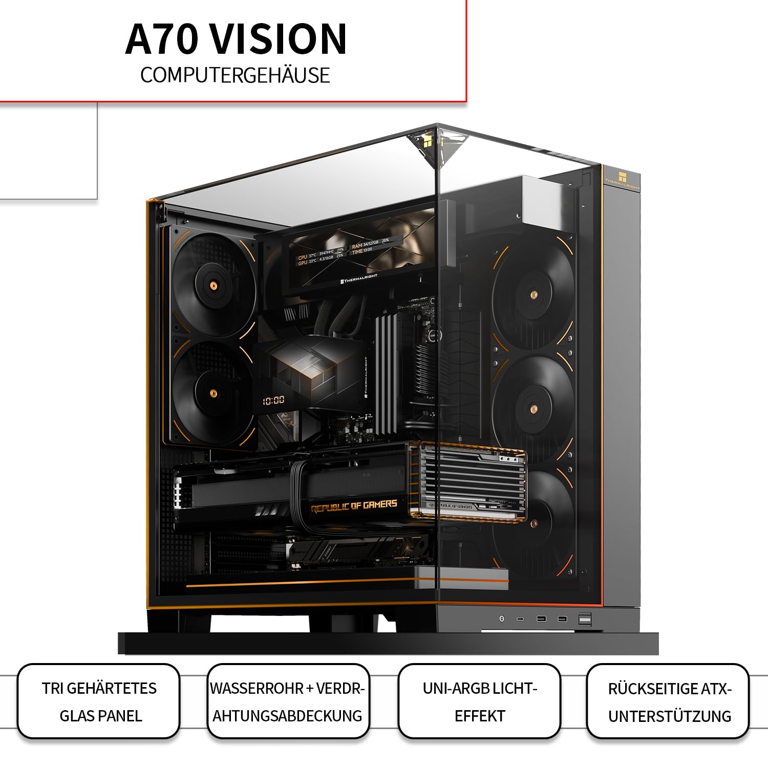TR-Thermalright A70 Vision z 9,16-calowym wyświetlaczem LCD, rozszerzalna obudowa PC, złącze USB-C, zoptymalizowana pod kątem chłodzenia, wytrzymała ramka do gier, uniwersalne zastosowanie z liniową