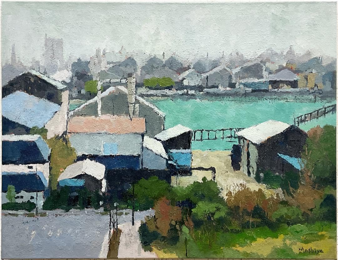 Amazon.co.jp: 絵画 289 油絵風景東京の街景新木場材木工場P15号 