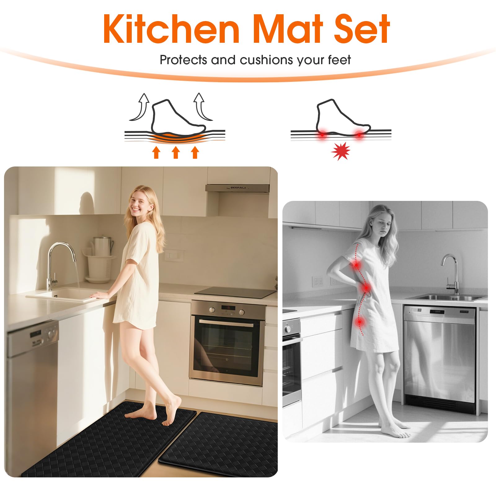 Kitchen Mats, 2PCS Kitchen Rugs, Cushioned Anti Fatigue Kitchen Mats for Floor, Non-Slip Standing Sink Mat, Waterproof Kitchen Rug Set for Kitchen Floor Office,17.3"×30"+17.3"×47" Black