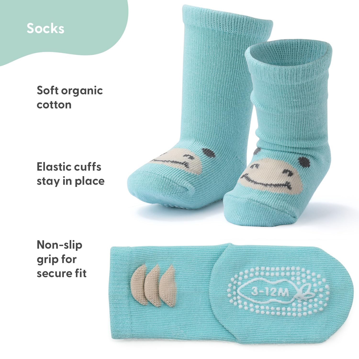 The Peanutshell Calcetines orgánicos para bebés de 3 a 12 y 12 a 24 meses, unisex, agarre antideslizante, 100 % algodón, color gris menta, Multicolor, 0-3 Months